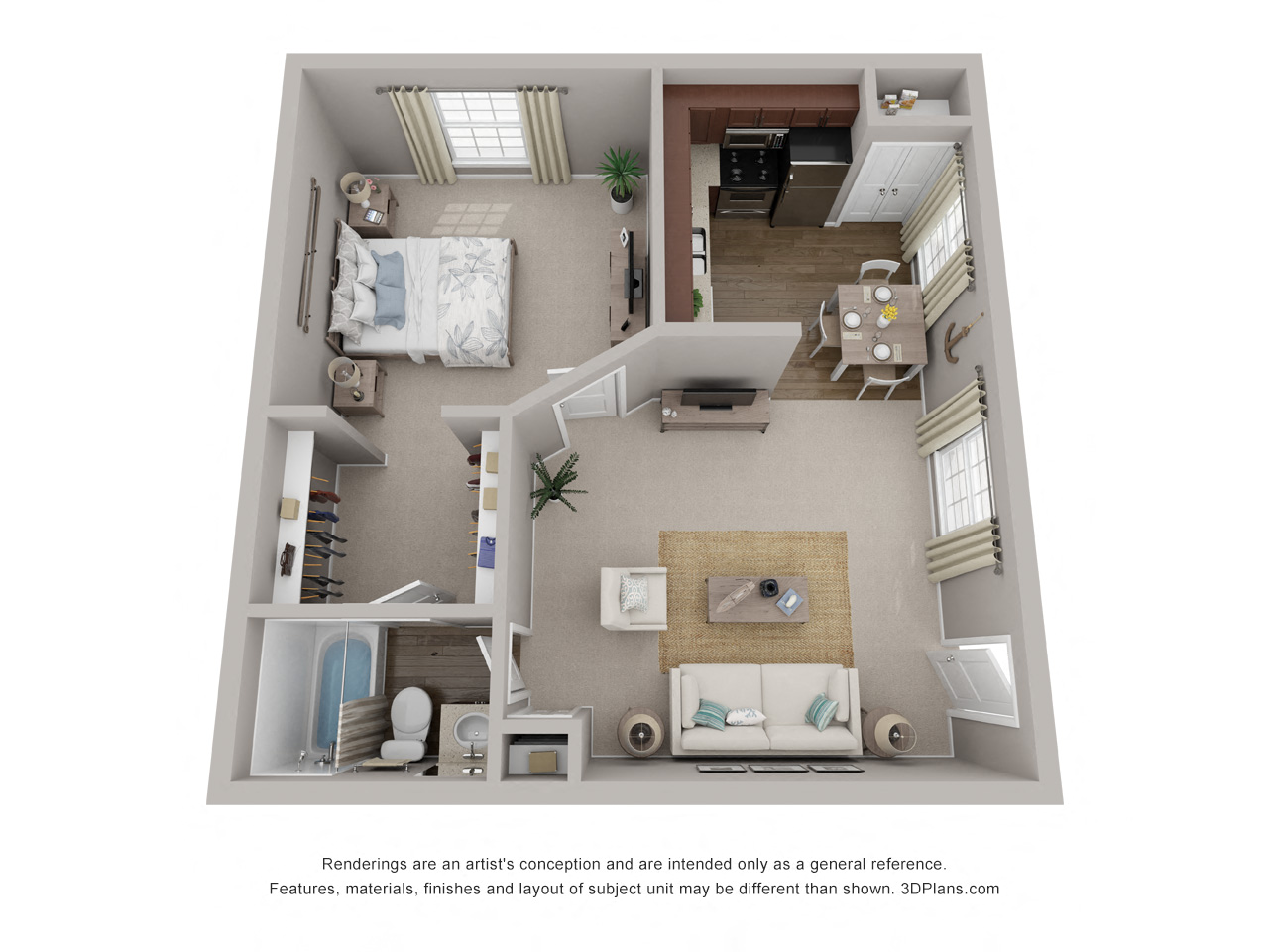 Floor plan for 1 bed, 1 bath, 575 sqft